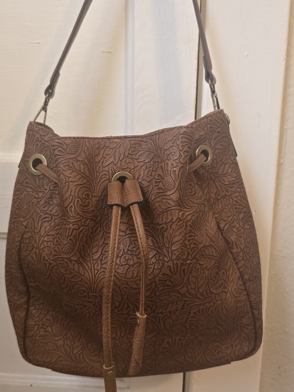 Textured Brown Drawstring Shoulder Bag